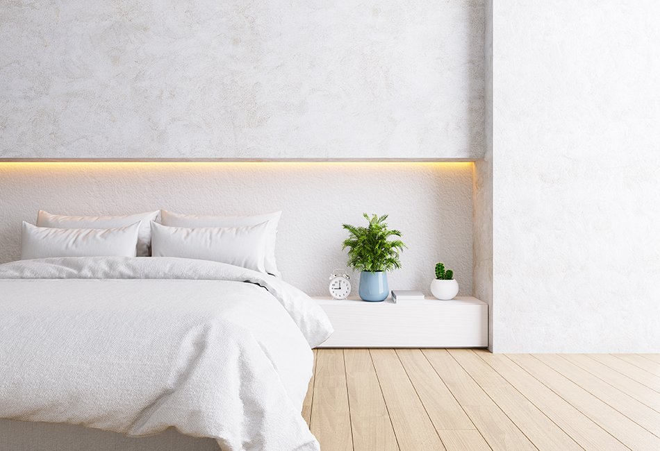 White bedroom interior ,cozy space , modern design ,3d render